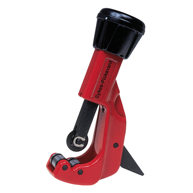 A red telescopic pipe tube cutter with black accents, designed for cutting metal pipes.