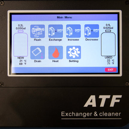 Display screen of an ATF exchanger & cleaner with menu options on a black background.