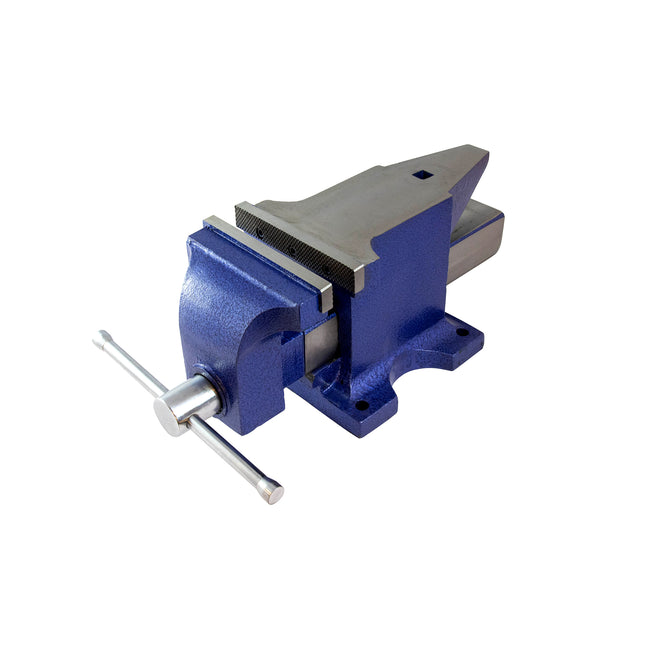 A blue and silver metal bench vice with a 6 inch jaw width and inegrated anvil surface