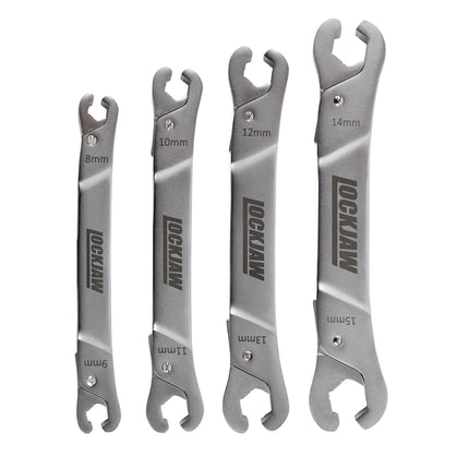4 lockjaw ratcheting line wrenches of various sizes.