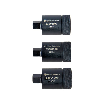 three black preset torque adaptors of varying sizes