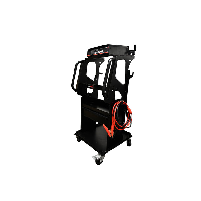 black trolley with battery support unit, showing cables stored on hooks
