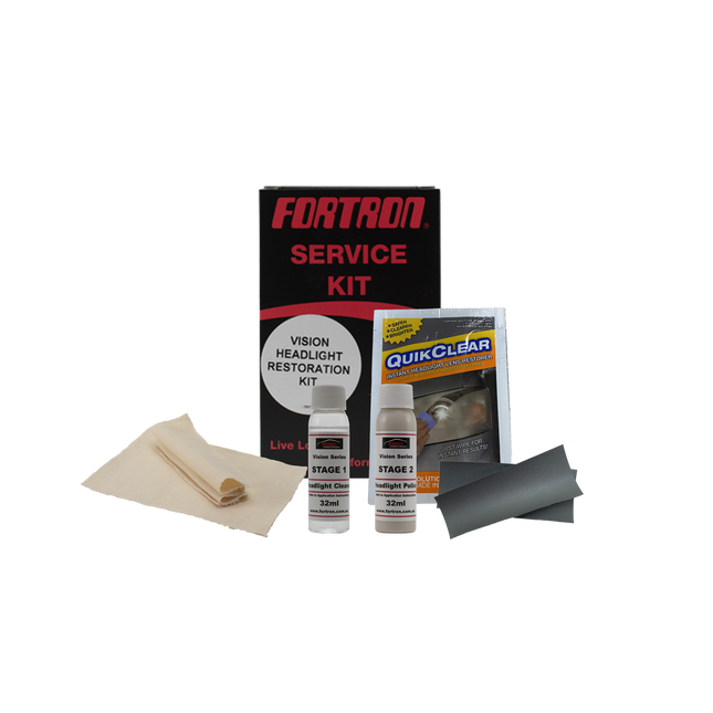 contents of FHRKIT Headlight cleaning kit, including 2 bottles of fuilt, a pack of wipes, cloths and scratch